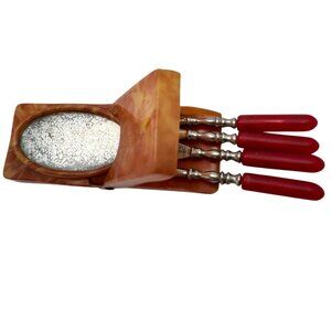 Vintage Bakelite Nail Care Tool Set Red Handle Silver Tip Manicure Kit